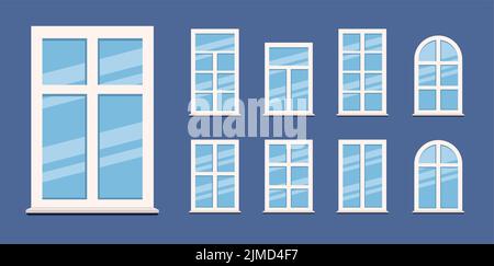 Windows in white frames. Set windows icon. collection Various windows. Interior and exterior elements. vector illustration Stock Vector