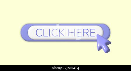 Click here icon. 3d Search bar template for website. Cursor, arrow for registration on yellow. Pointer to click, press, or send request. Navigation se Stock Vector