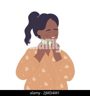 Little girl using cucumber mask. Morning beauty routine, body care vector illustration Stock Vector