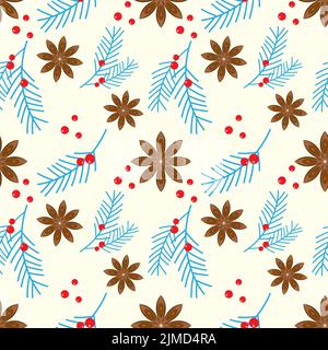 Winter Christmas New Year pattern star anise blue fir coniferous branch juniper red berry. Vector illustration Stock Vector