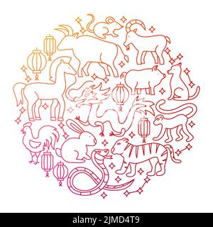 Chinese Zodiac Line Icon Circle Design Stock Vector