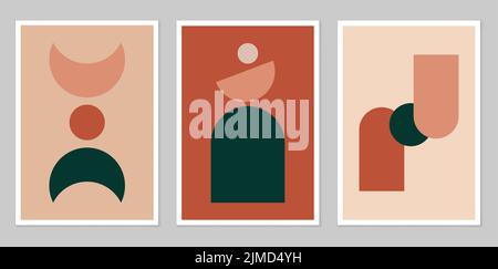 Modern minimalist abstract aesthetic illustrations. Wall decor in bohemian style. Collection of modern art posters. Composition of simple figures. Abs Stock Vector