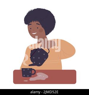 Kid pouring hot tea in mug. Warm beverage, coffee break time vector illustration Stock Vector