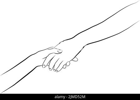 The doors of the hand are a black line. Holding hands. By drawing a single line on a white background. Vector illustration. Stock Vector