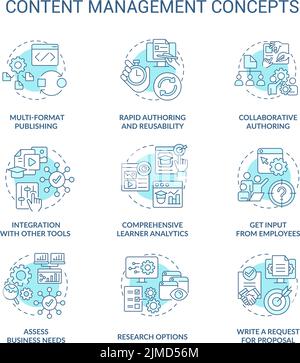 Content management turquoise concept icons set Stock Vector