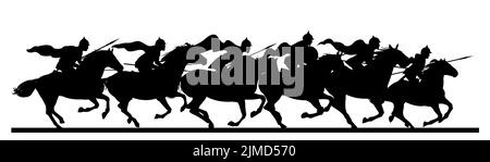 Knights are jumping. Symbolic image. Scenery silhouette. Medieval warriors with spears and in armor ride horses. Object isolated on white background Stock Vector