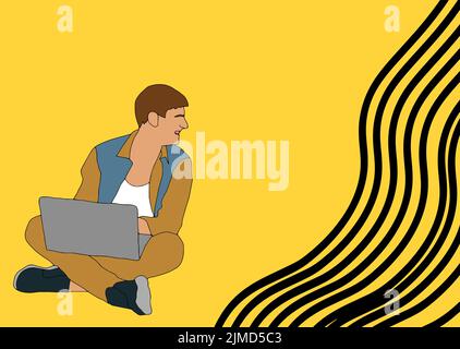 Working at home vector flat style illustration. Online career. Coworking space illustration. Young man freelancers working on laptop or computer at Stock Vector