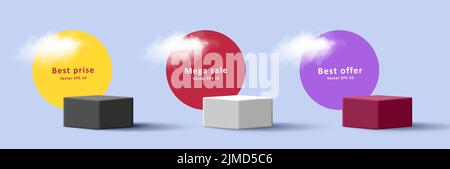 product podium scene, 3d cube with bright circle and cloud Stock Vector