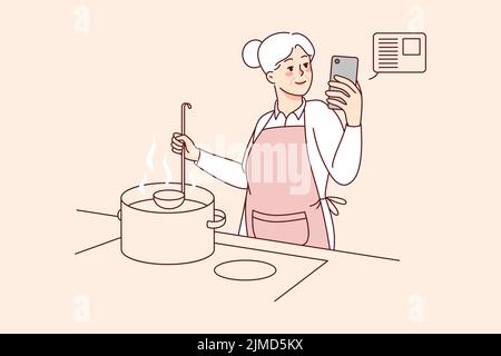 Elderly woman cooking soup at kitchen with online recipe on cellphone. Smiling modern old grandmother preparing food using cookbook or application on mobile. Vector illustration.  Stock Vector