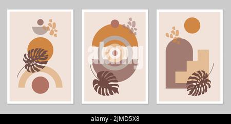 A set of Abstract hand-painted Illustrations for wall decoration. Boho style. Postcards, banners on social networks. The background of the brochure co Stock Vector