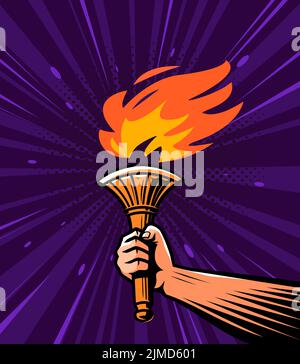 Burning torch in hand. Explorer illuminated path with light of fire in dark. Pop art retro comic style vector Stock Vector