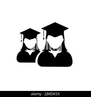 Graduation icon female group of students person profile avatar with mortar board hat symbol for school, college and university degree in flat color gl Stock Vector