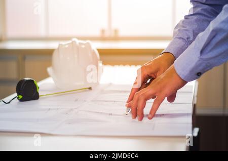 Great concept of engineering design, engineer working on architectural design. Stock Photo