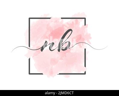 Calligraphic lowercase letters N and B are written in a solid line on a colored background in a frame Stock Vector