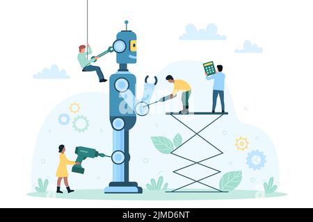Assembling machines and program, AI technology production vector illustration. Cartoon tiny engineers repair robot with mechanic diy tools and equipment, scientists fix android, create hardware Stock Vector