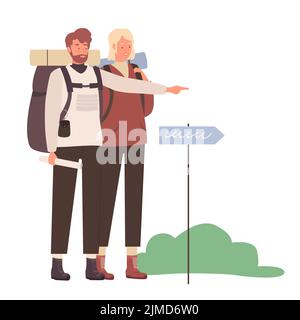 Mountain tourists exploring direction. Travelling map, hikers adventure vector illustration Stock Vector