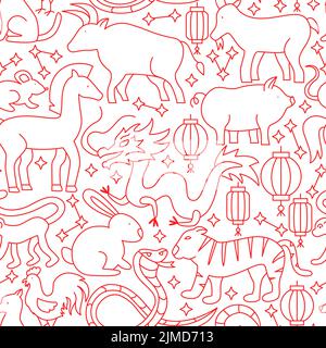 Chinese Zodiac Line Seamless Pattern Stock Vector