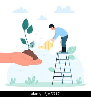 Eco cultivation, horticulture and organic agriculture vector illustration. Cartoon tiny character holding watering can to water small plant sprout with leaf growing from soil in giant human hand Stock Vector