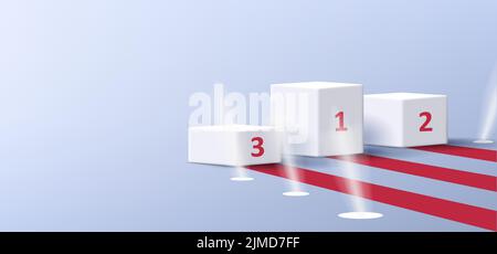 Award winning podium with first second and third places steps and red carpet with spotlights Stock Vector