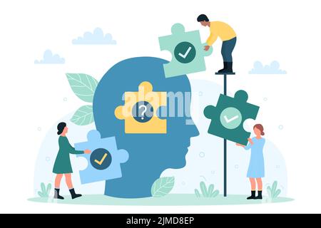 Human brain health, knowledge and work on ideas and solving business problems vector illustration. Cartoon tiny people connect puzzle pieces with checkmarks and question mark inside abstract head Stock Vector
