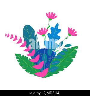 Trendy neon gradient plants and leaves background in flat style. Trees, summer and spring flowers, bushes. Forest, garden or tropical jungle backdrop. Stock Vector