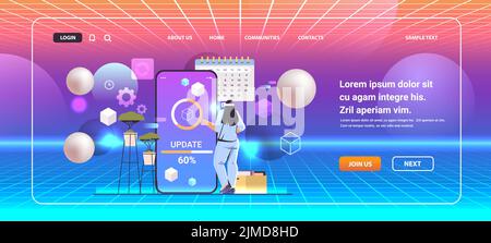 woman in virtual reality glasses updating operating system update process install new software vr vision headset innovation Stock Vector