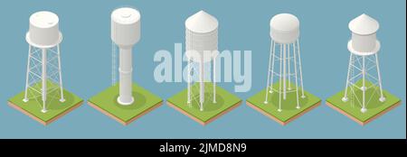 Isometric icons set of water towers , a water tank constructed at a height sufficient to pressurize a distribution system for potable water, and to Stock Vector