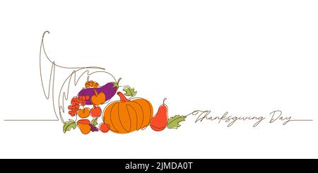 cornucopia horn of plenty colored line art vector illustration. continuous line drawing style. thanksgiving day celebration background Stock Vector
