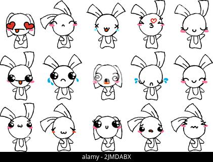 Set of Rustic Rabbits with Emoticons. Doodle faces, eyes and mouth ...