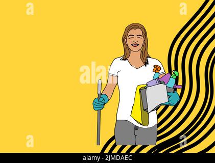 Cleaning service concept, girl in apron and rubber gloves, shows The OK or ring gesture. Cleaning tools - a mop, a sponge for washing, a bucket of Stock Vector