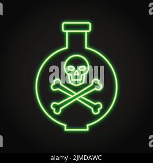 Chemical flask with poison neon icon in line style. Laboratory beaker with skull symbol. Toxic substance symbol. Vector illustration. Stock Vector
