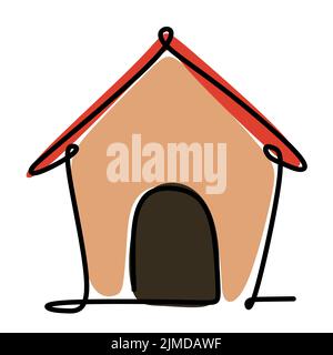 Simple single line drawing of a kennel or a doghouse. Animal flat color design concept for friendly pet icon. Modern continuous one line draw design v Stock Vector