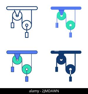 Pulley block system in physics icon set in flat and line style. Newtonian mechanics problem. Vector illustration. Stock Vector