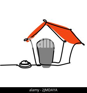 Simple single line drawing of a kennel or a doghouse and pet food. Animal flat color design concept for friendly pet icon. Modern continuous one line Stock Vector