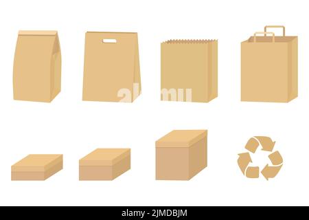 Set of cardboard packaging isolated on white. Recycled Paper box and bag Vector illustration Stock Vector