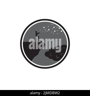 a circle icon of a man silhouette reaching stars standing on a cliff's edge in black and white Stock Vector