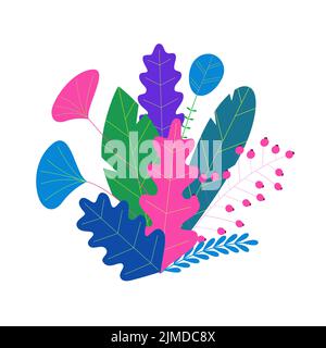 Trendy neon gradient plants and leaves background in flat style. Trees, summer and spring flowers, bushes. Forest, garden or tropical jungle backdrop. Stock Vector