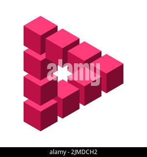 Impossible triangle made of cubes. Reutersvard optical illusion. Visual effect symbol. Sacred geometry. Red 3D figure. Infinity penrose triangle. Stock Vector