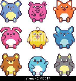 A collection of cute pets in 8-bit pixel vector design Stock Vector