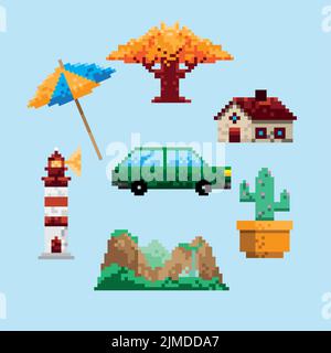 seven pixel art set icons Stock Vector