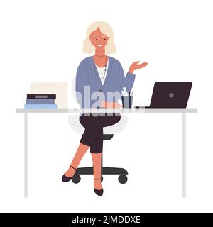 Smiling woman teacher sitting at table. School professor at workplace vector illustration Stock Vector