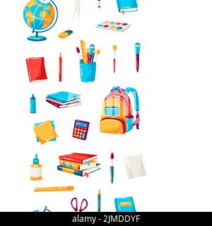 School seamless pattern with education items. Illustration of colorful supplies and stationery background. Stock Vector