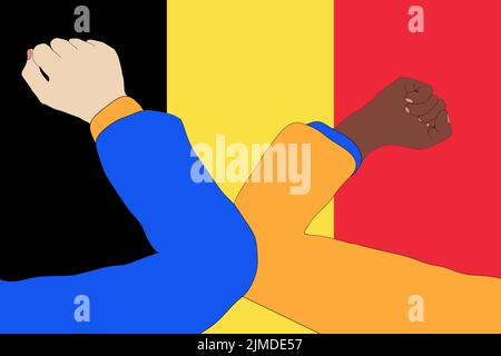 Elbow bump. New, innovative greeting to avoid the spread of the coronavirus in front of a Belgian flag. Elbow bump. New, innovative greeting to avoid the spread of the coronavirus in front of a Belgian flag.
