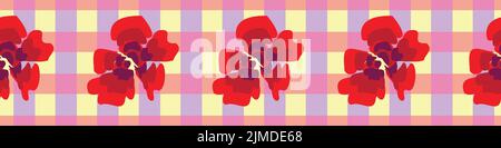 cottaegcore poppies border print on pastel checks Stock Vector