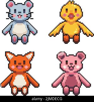 An 8 bit pixelated illustration of cute animal doll collection: rat, chick, red fox, pink teddy bear Stock Vector