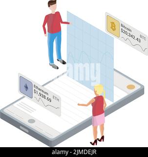Isometric phone with cryptocurrency graph pop out floating and two people, including floating Ethereum and Bitcoin info card Stock Vector