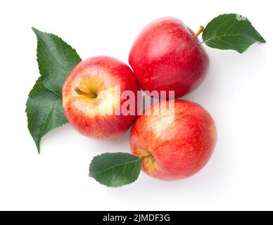 Red Apples With Leaves Isolated Over White Stock Photo