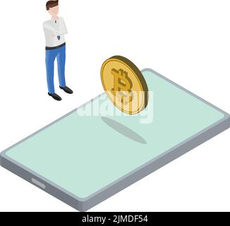 Isometric view of Phone Bitcoin Floating Man Thinking Stock Vector