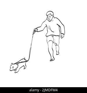 man walking with his dog illustration vector hand drawn isolated on white background line art. Stock Vector