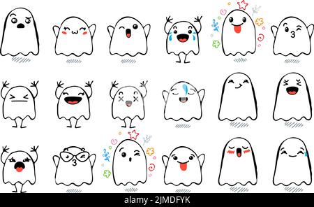 Set of Various Cartoon Ghosts with Emoticons. Doodle ghouls, eyes and ...